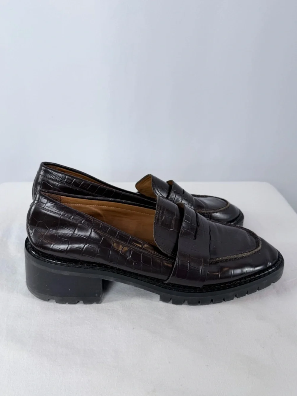 &‎ Other Stories Croc Embossed Block Heel Loafers in Dark Brown Size 10.5 - Picture 5 of 11